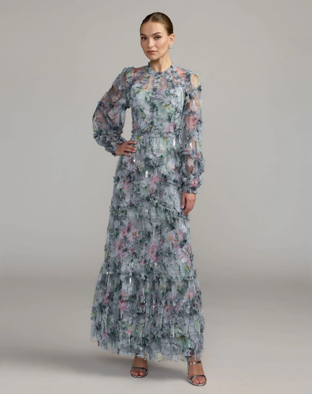 AnthropologieMAC DUGGAL  8098 Blue Floral Long Sleeve High Neck Ruffle Midi Dres